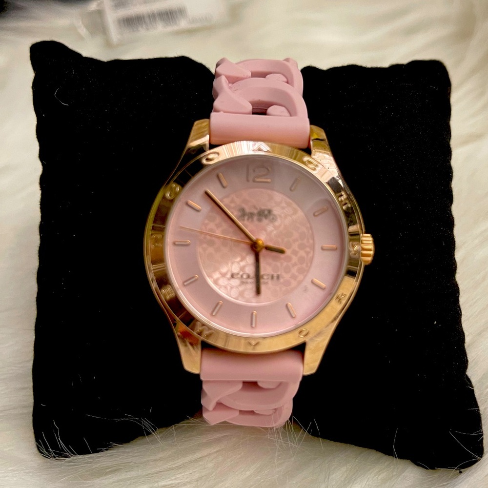 COACH “Maddy” Blush Pink Signature Braided Silicone Strap Watch